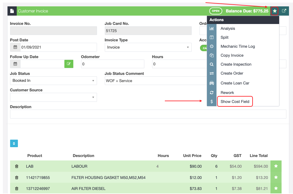 Workshop Software screen showing if you want to show the unit price column again, follow the same steps, click...