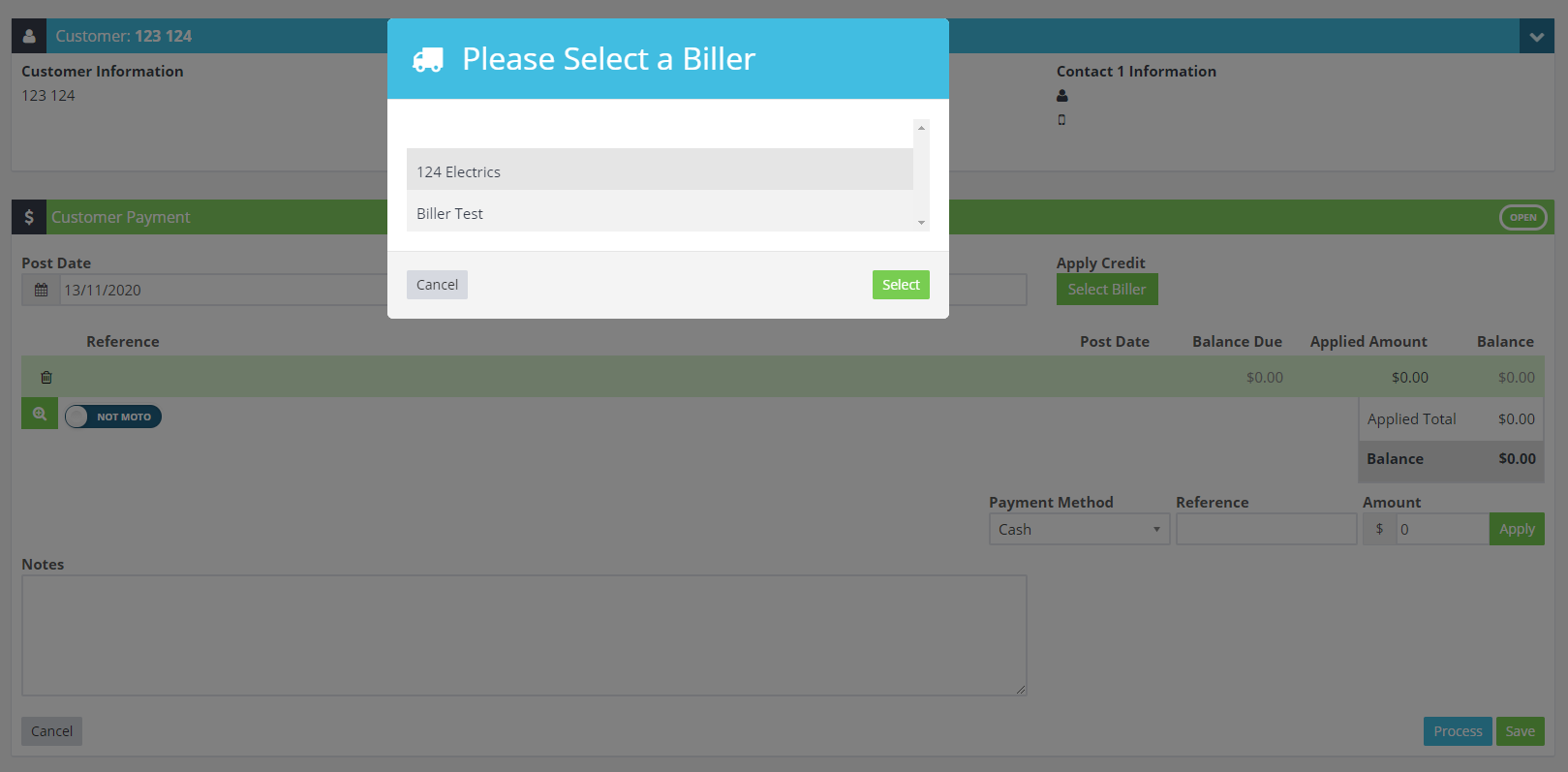 Workshop Software screen showing the only step that will change is selecting your biller