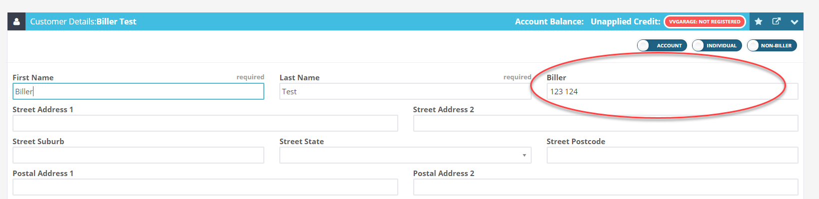 Workshop Software screen showing then type your billers name in the 'biller' field and select their profile