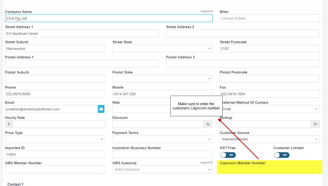 Customer details form with the Capricorn Member Number field highlighted in yellow