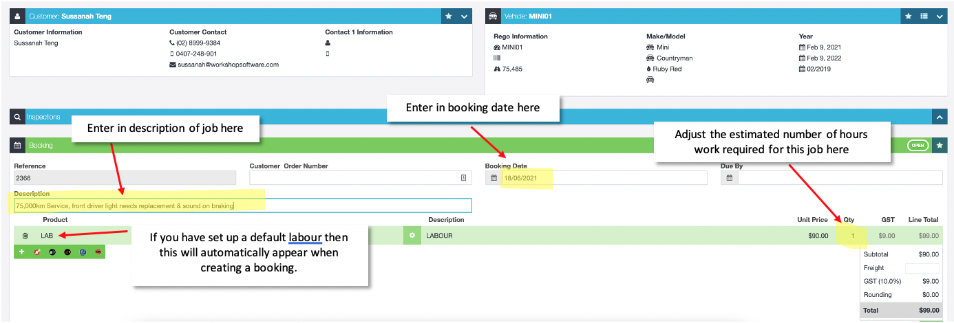 Booking form with callouts pointing to the job description, the booking date, the estimated hours and the default labour line