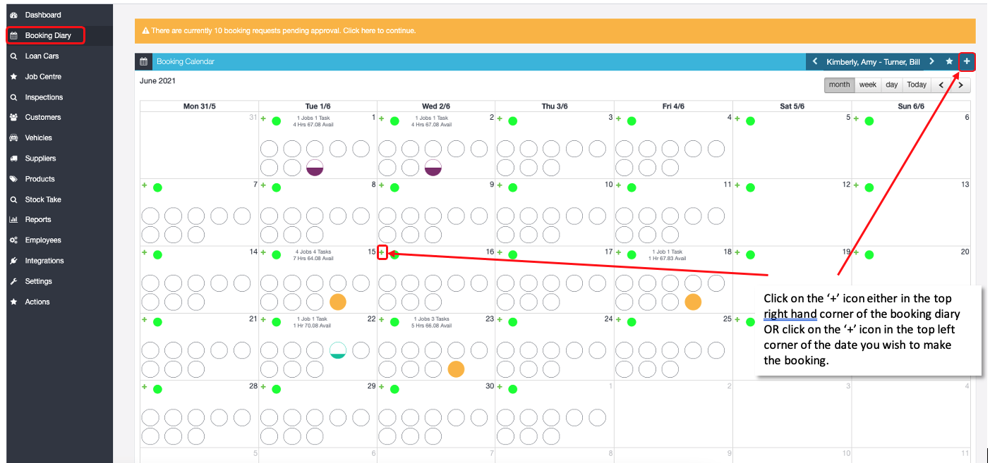 Booking diary month view with callouts pointing to the plus icon in the top corner and the plus on a date