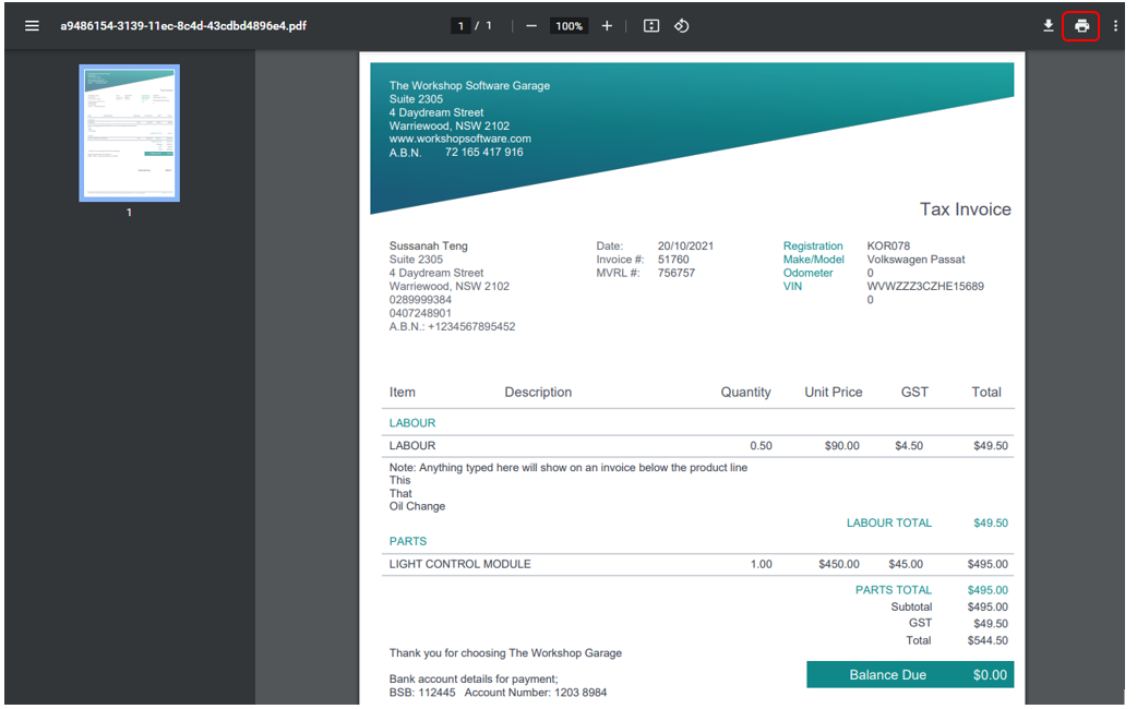Tax invoice open in a browser tab with the printer icon highlighted in the top right