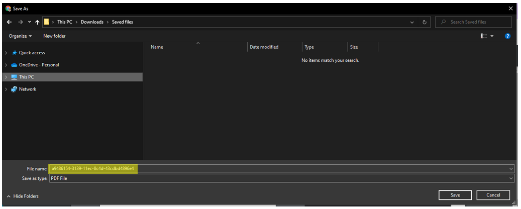 Save As dialog with the invoice file name entered and PDF selected as the file type