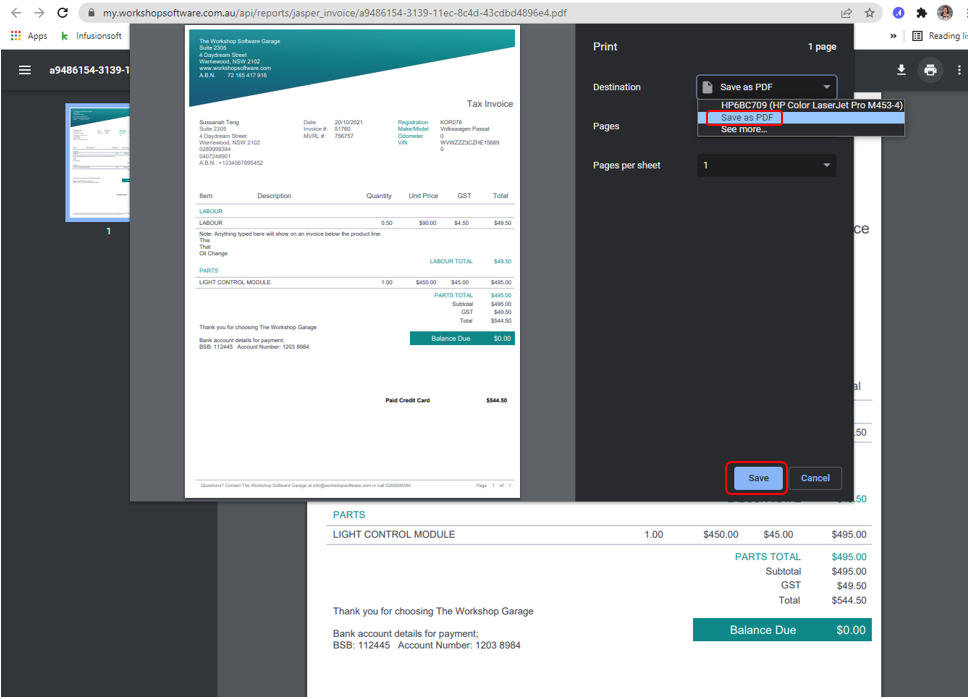 Browser print dialog open over the invoice preview