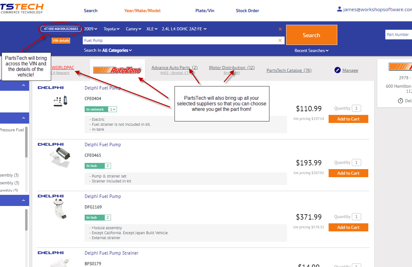Workshop Software screen showing it will display all your relevant suppliers to choose where you order the par...
