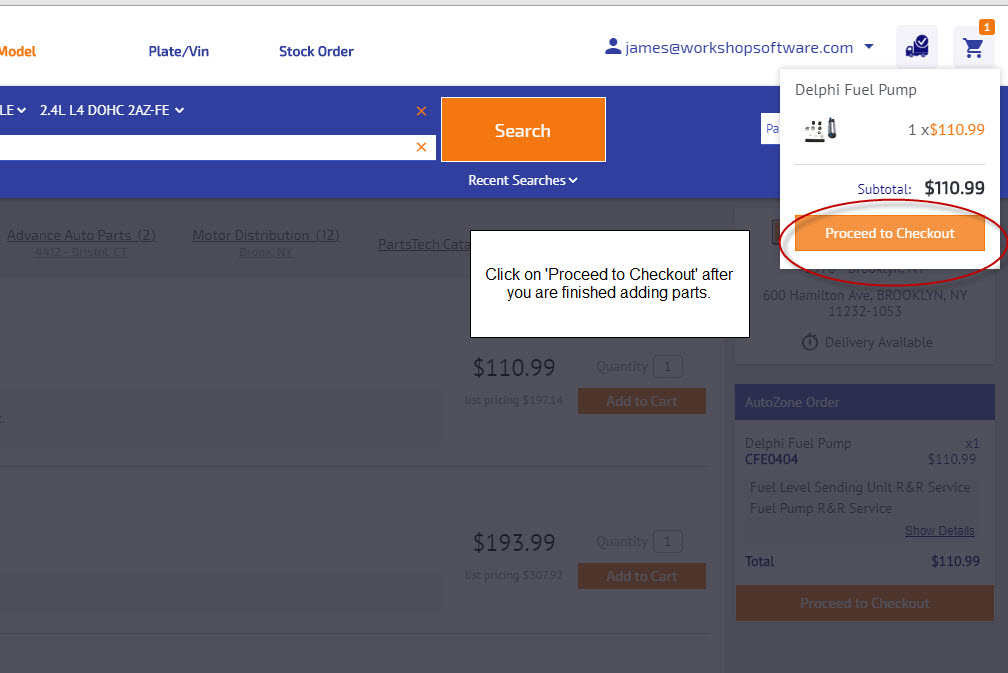 Workshop Software how to use partstech showing part you are needing for your workshop software job by pressing 'add to car...