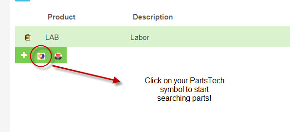 Workshop Software screen showing to start using partstech to grab parts go into an open job through your job c...