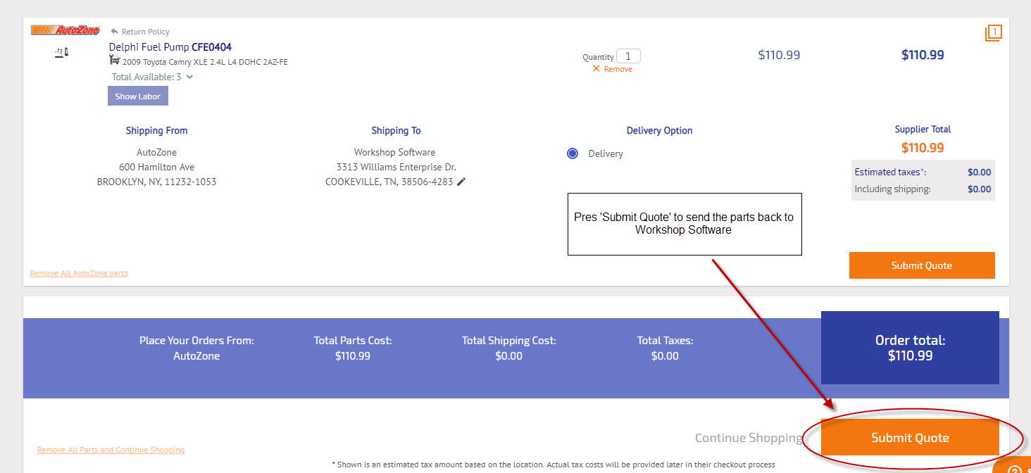 Workshop Software how to use partstech showing ' submit quote ' to prompt partstech to send your selected parts back to yo...