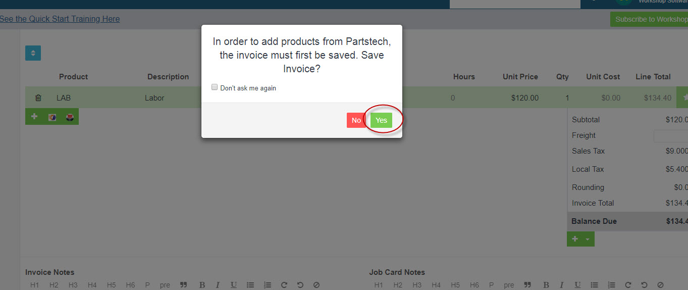 Workshop Software how to use partstech showing partstech symbol and press 'yes' when prompted to save the invoice