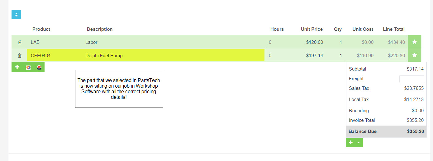 Workshop Software screen showing partstech will then take you back to workshop software where your part should...