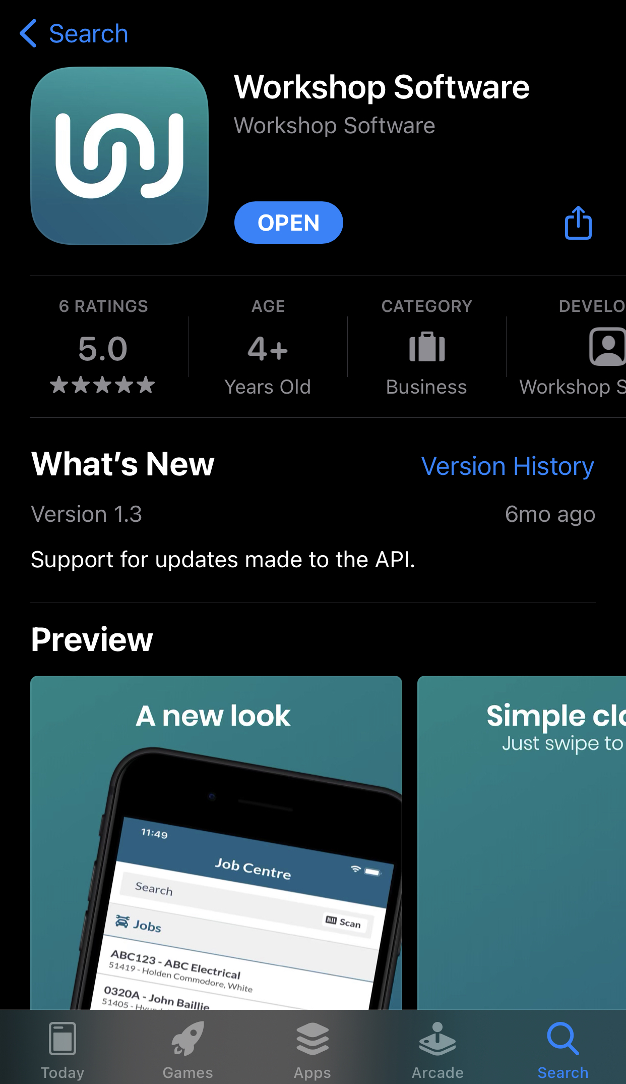 Workshop Software mobile app listing on the Apple App Store