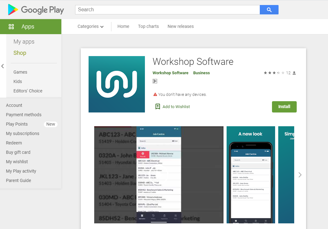 Workshop Software mobile app listing on Google Play