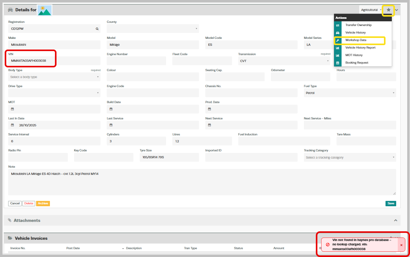 Workshop Software screen showing if the vehicle’s vin cannot be found in haynespro , an error message will dis...