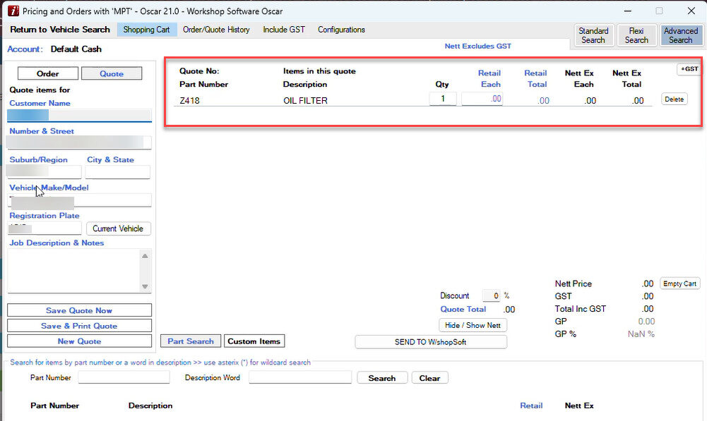 Workshop Software screen showing review the selected parts, then click send to workshop software