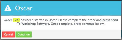 Workshop Software screen showing please complete the order and press send to workshop software.”