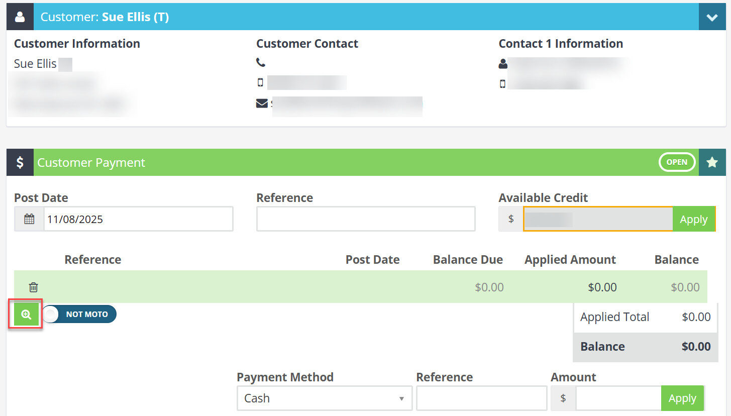 Workshop Software processing split credit card payments showing magnifying glass to select the invoice you are applying th...