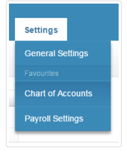 Xero Settings menu navigating to Chart of Accounts under General Settings
