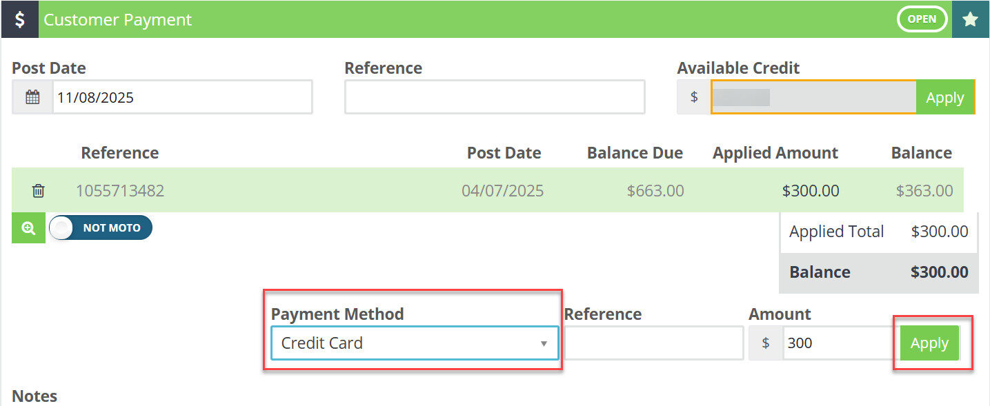 Workshop Software processing split credit card payments showing apply , then save and process the payment