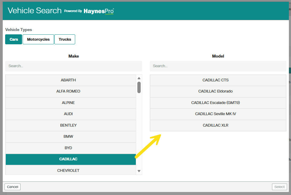 Workshop Software screen showing when you click on a listed make option, the model list will load with matchin...
