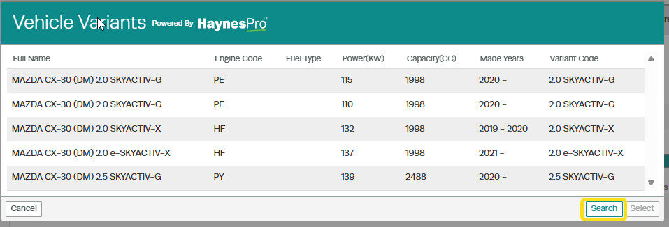 Workshop Software screen showing to choose a different make and model, simply click on the