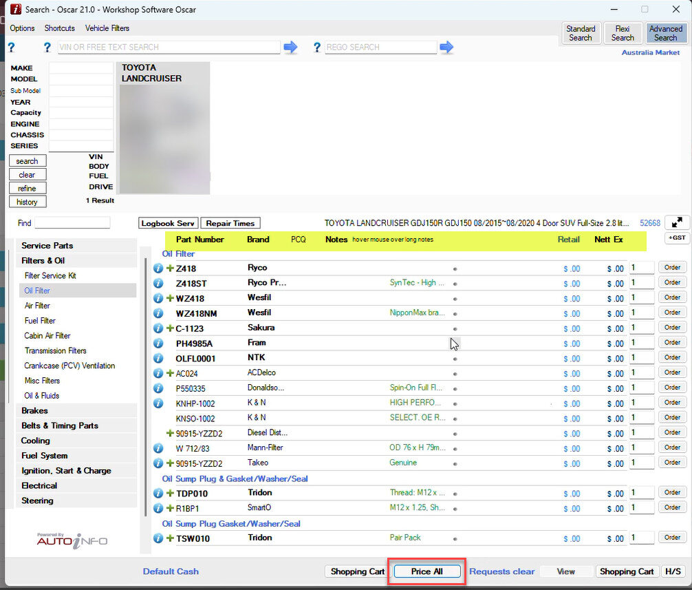 Workshop Software oscar integration with workshop software showing price all to view available products from different brands