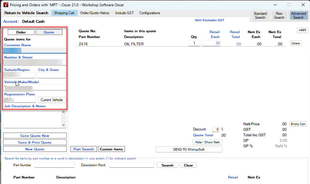 Workshop Software oscar integration with workshop software showing customer name, address, vehicle make and model