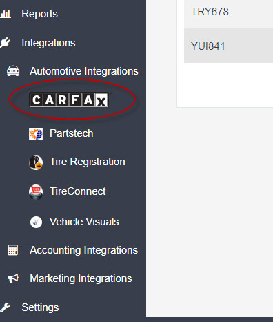 Workshop Software Integrations menu showing Carfax option under marketing integrations