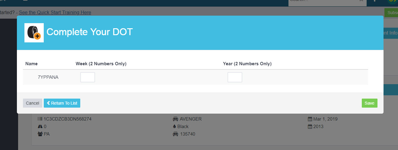 Workshop Software screen showing double click to select a tire option which will then allow you to enter the d...