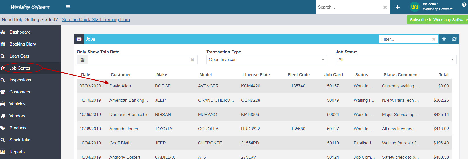 Workshop Software screen showing go into an open job via your 'job center' tab