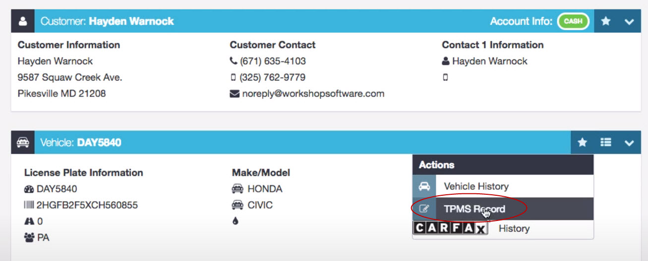 Workshop Software screen showing this invoice does not have to have tires on it as it is using the details of ...