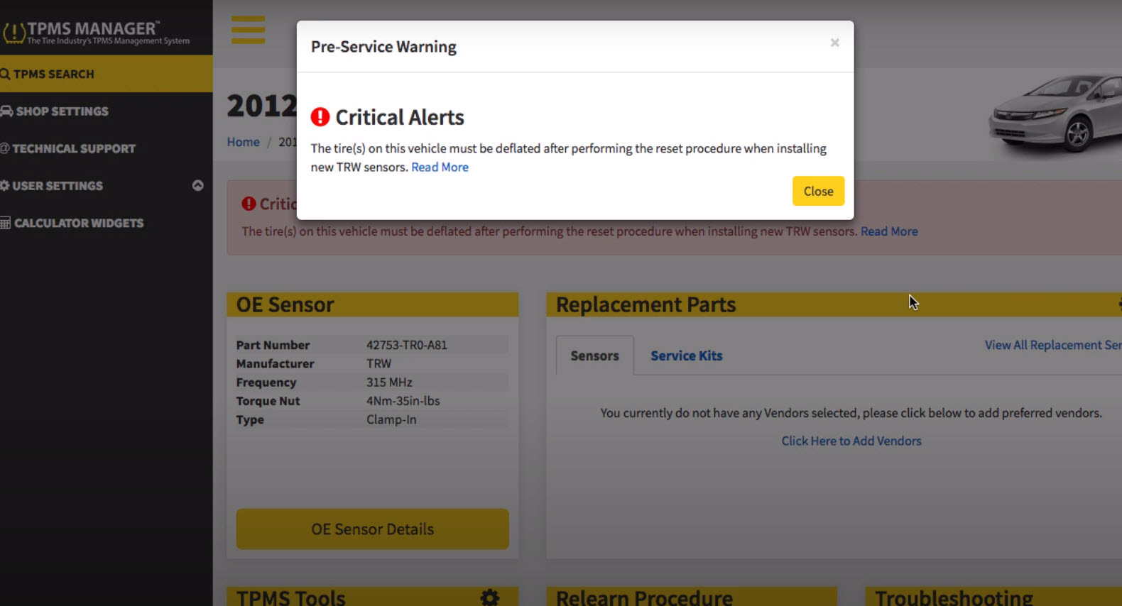 Workshop Software screen showing this will then jump straight into the tire metrix tpms manager where it will ...