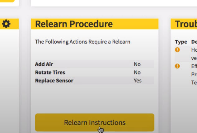 Workshop Software screen showing if you press on ' relearn procedure ', this will give you the tpms management...