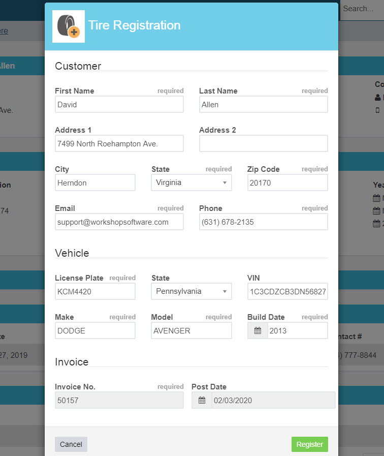 Workshop Software screen showing this recognizes the details you have added and if you press ' register ' it w...