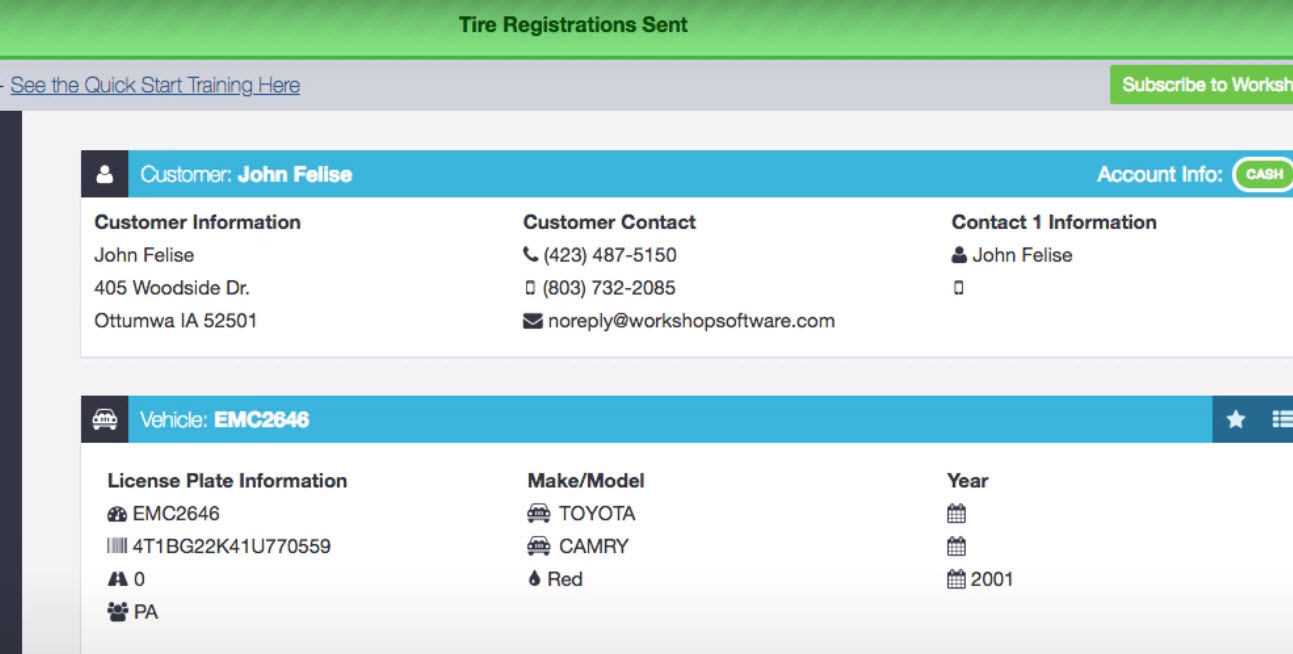 Tire registrations sent confirmation showing the customer and vehicle details