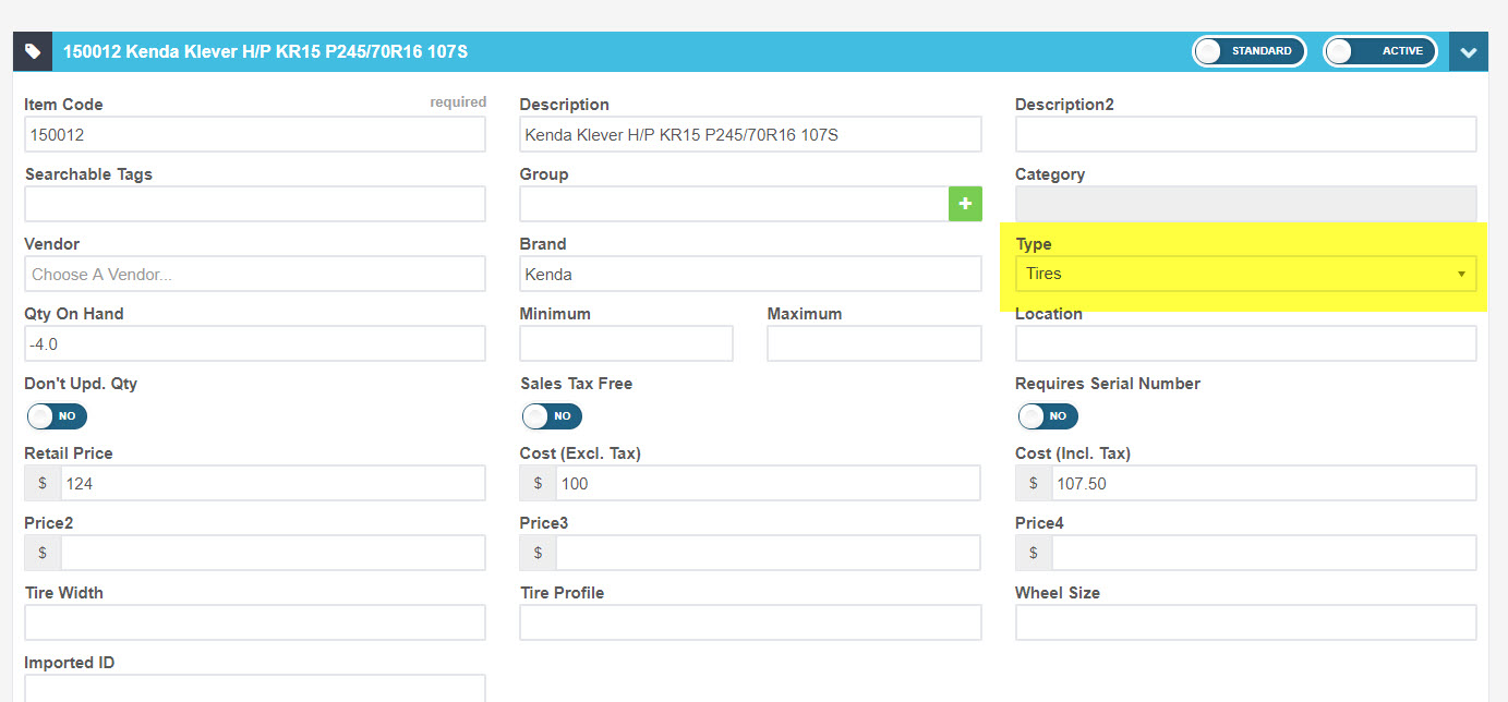 Workshop Software screen showing to make sure your product is classed as a tire, you can go into the product d...