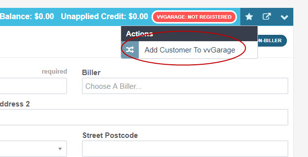 Customer record marked as not registered with vvGarage, with the Actions menu open and Add Customer To vvGarage circled