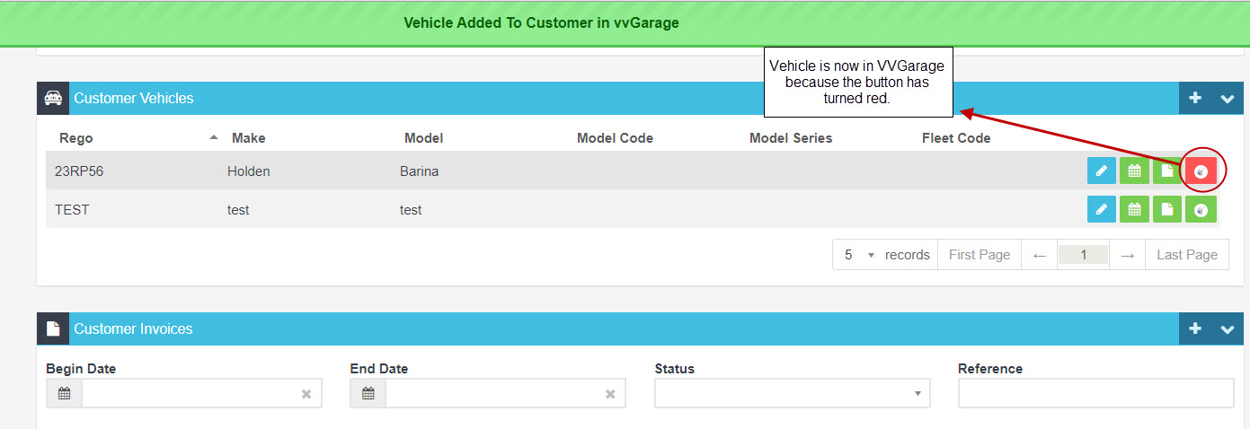 Confirmation that the vehicle was added to vvGarage, with a callout noting the button has turned red