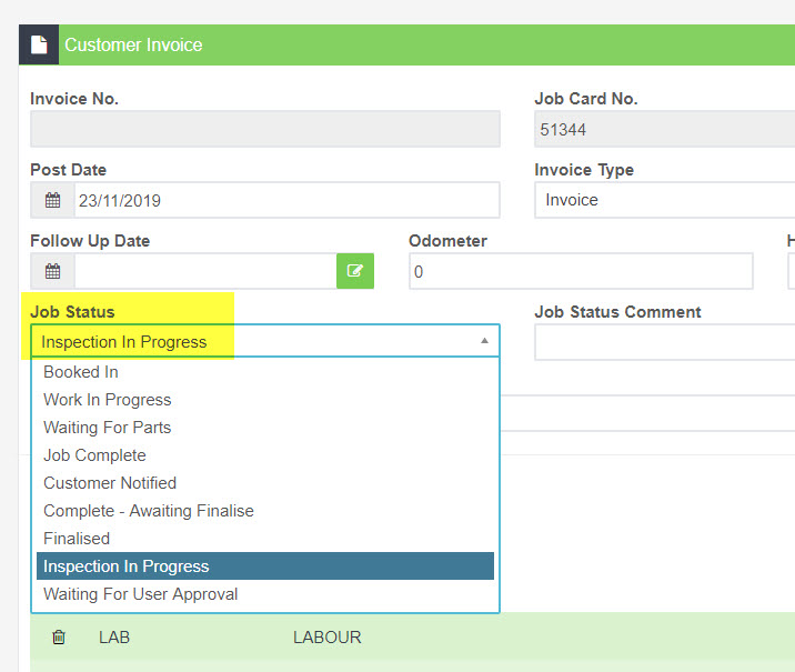 Customer Invoice with the Job Status dropdown open showing the available job statuses