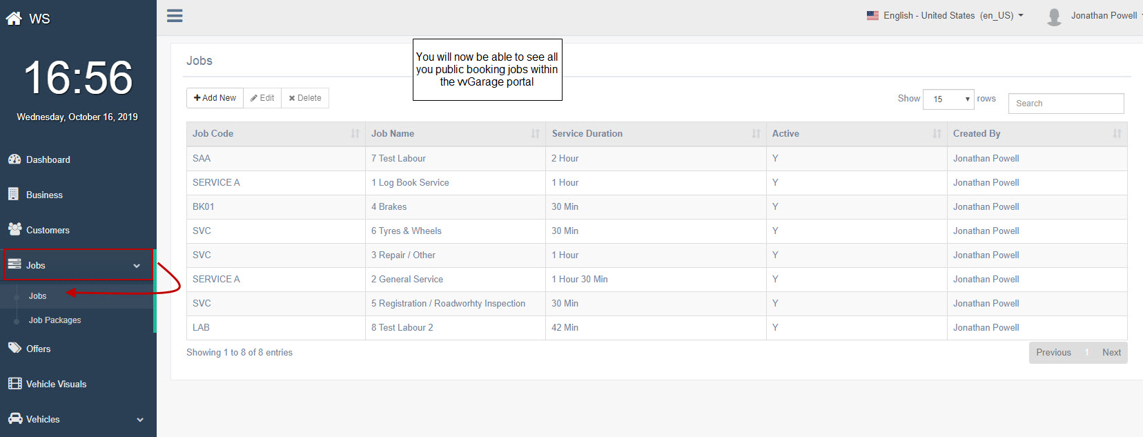 vvGarage jobs portal listing scheduled jobs with the vvGarage icon highlighted