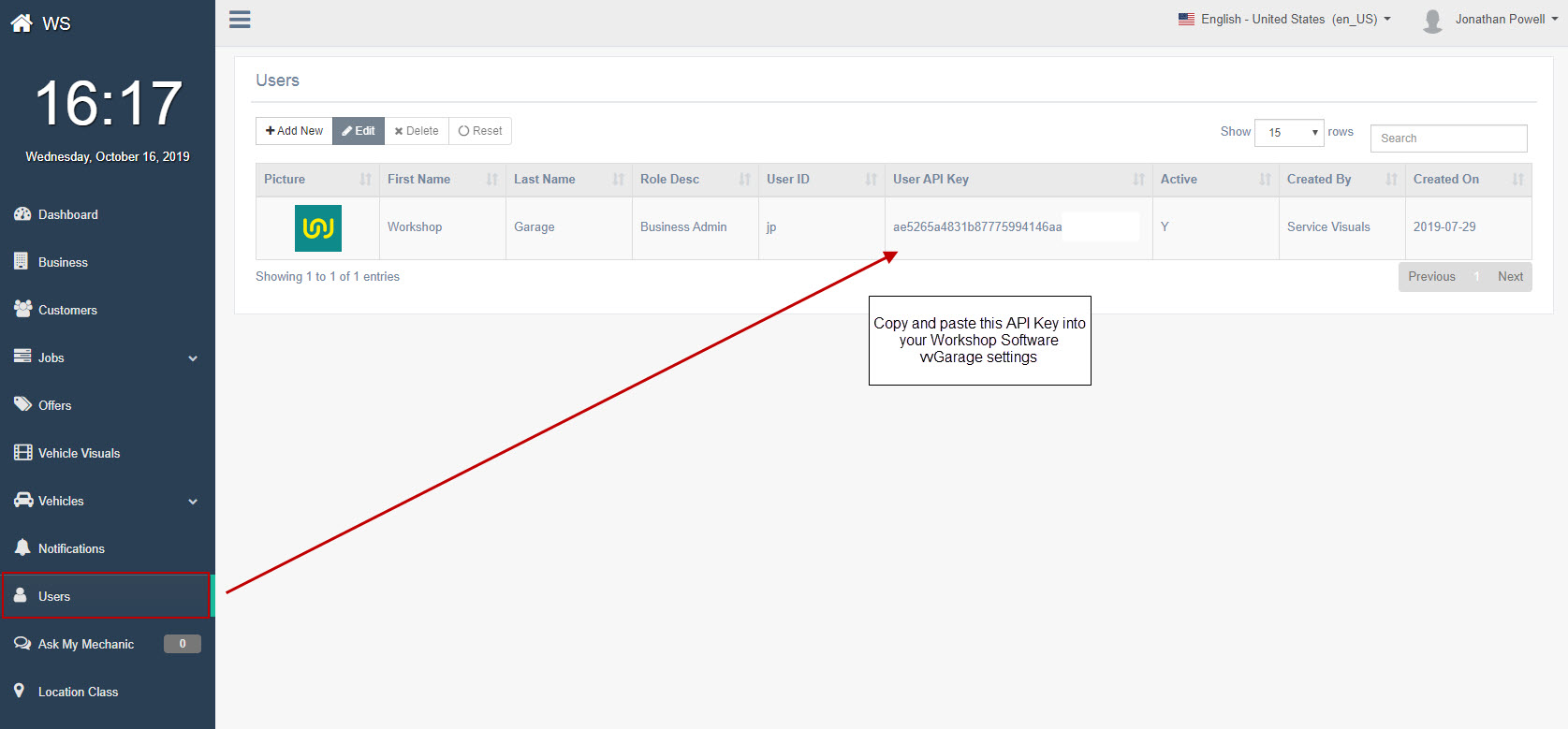 Workshop Software integrate your vvgarage account with workshop software showing " users " and select " user api key "
