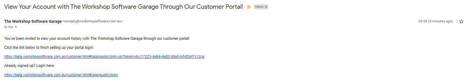Screenshot of what the invitation will look like to the customer. 2 links available, first one to set up password for first time, second link to login page