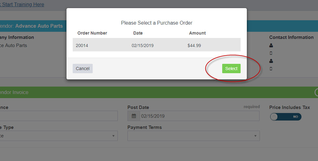 Please Select a Purchase Order dialog with the order listed and the Select button circled