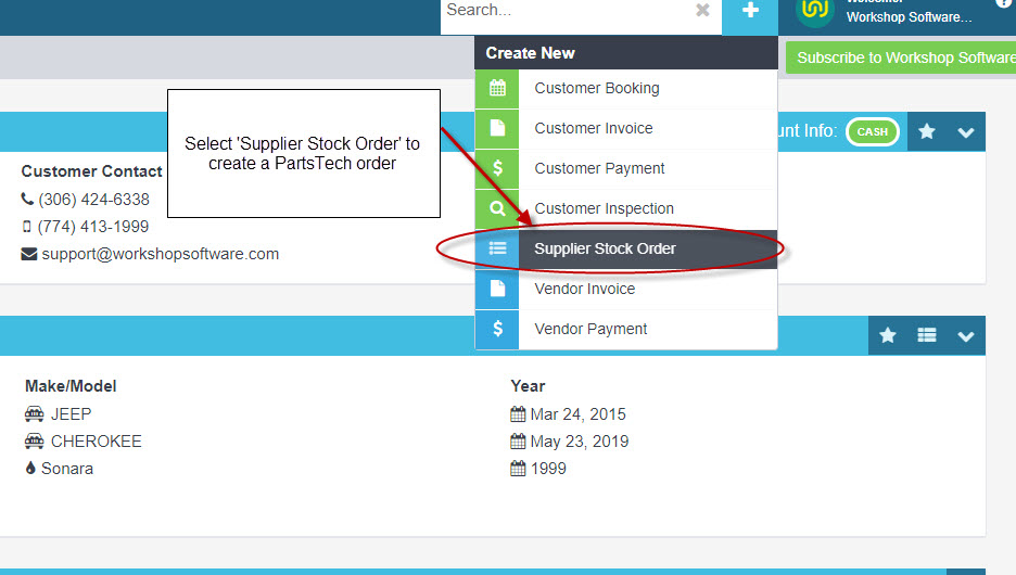 Create New menu open with Supplier Stock Order circled and a callout explaining to select it for a PartsTech order