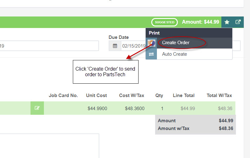 Order screen with the star menu open and Create Order circled