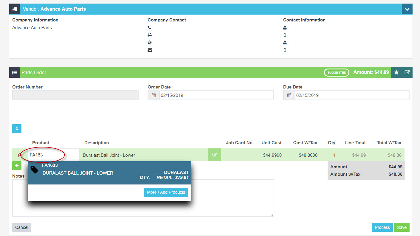 Supplier stock order for a parts vendor with a product being searched and matching parts listed in the dropdown