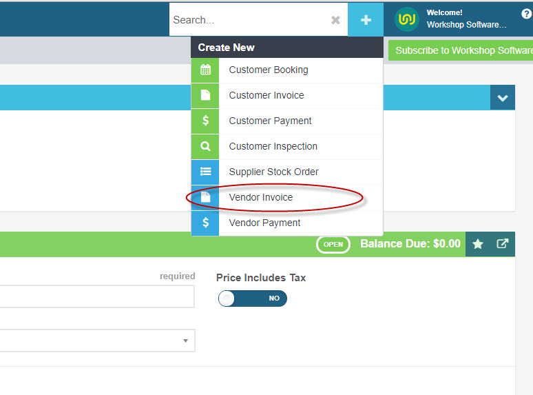 Create New menu open with Vendor Invoice circled