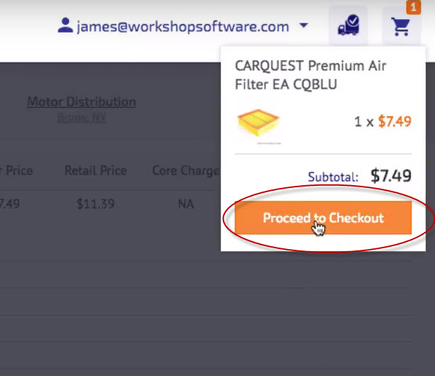 Workshop Software order parts through partstech showing ' proceed to checkout ' to finalize the order