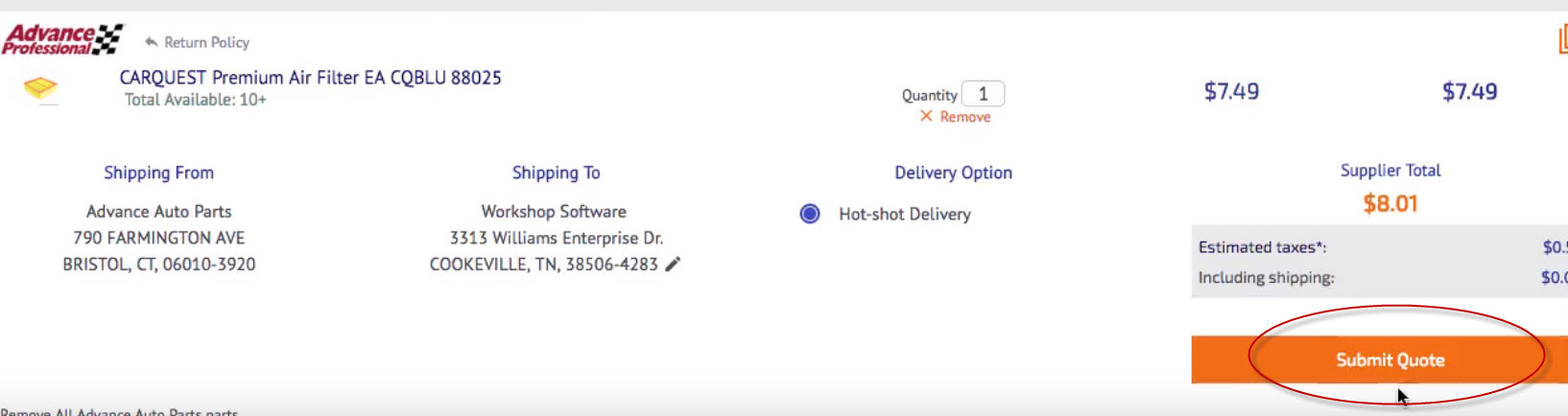 Workshop Software order parts through partstech showing ' submit quote ' to place the order