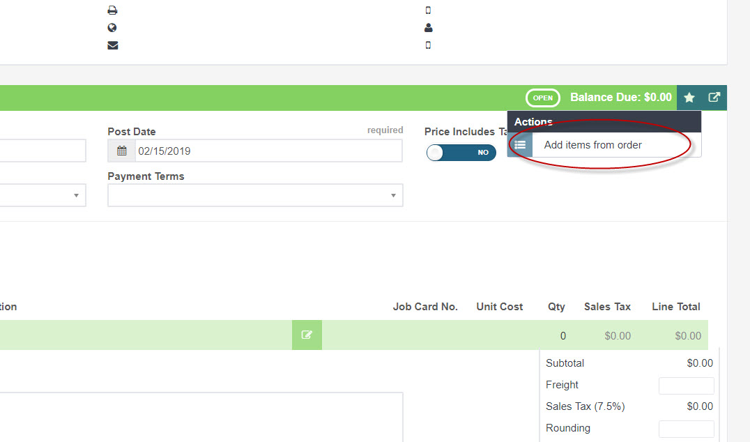 Vendor invoice with the Actions menu open and Add items from order circled